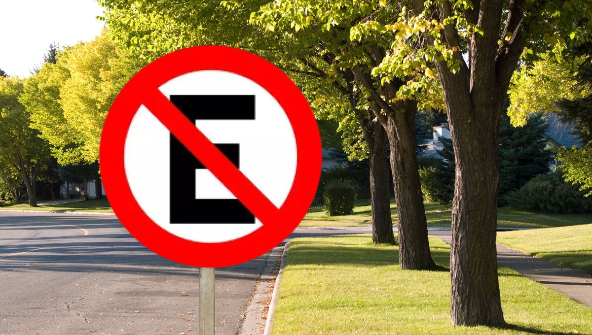 La señal de tránsito R8, que indica la prohibición de estacionar. La señal de tránsito R8, que indica la prohibición de estacionar.