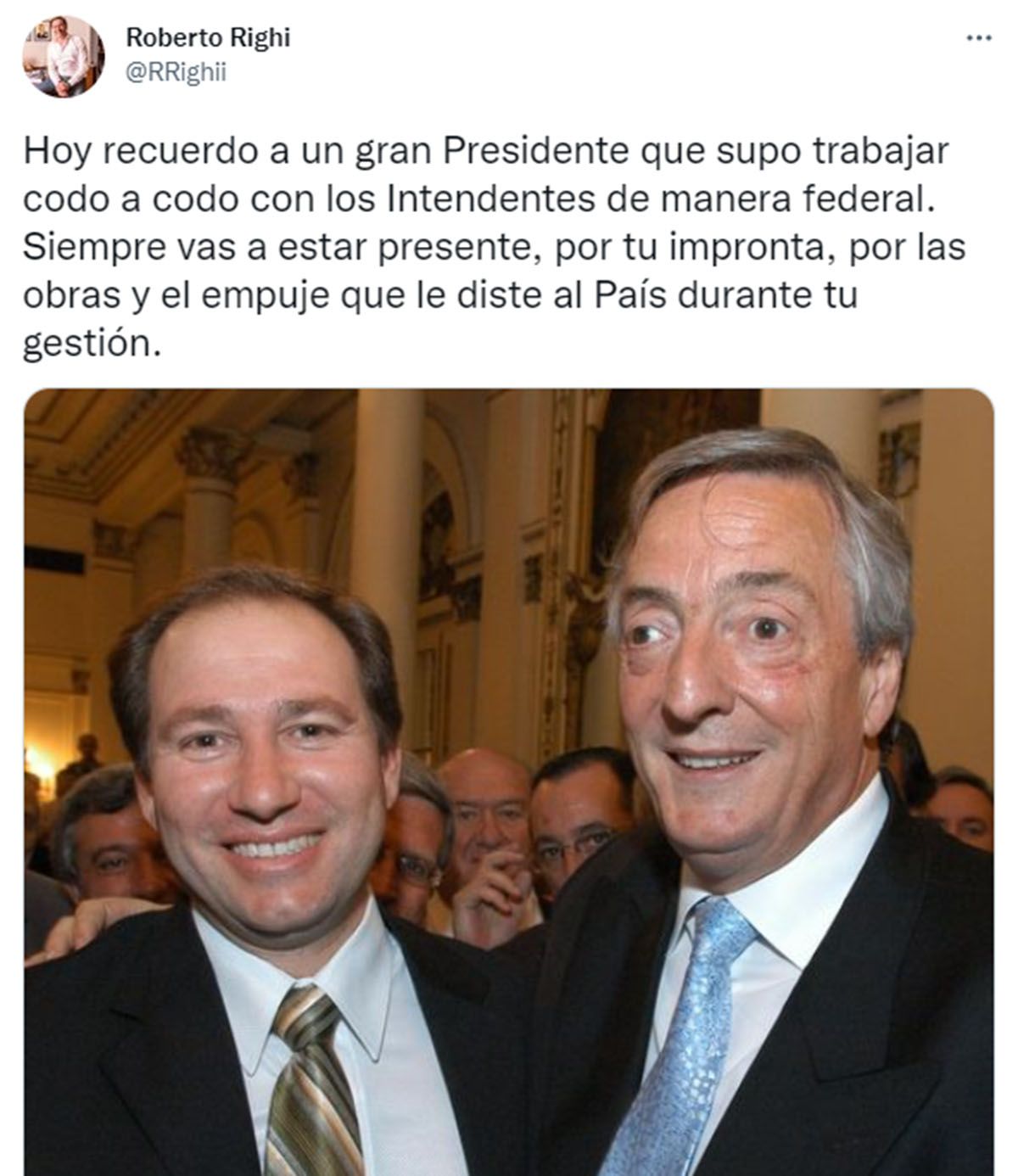 Un posteo de Righi evocando a Néstor Kirchner, Un posteo de Righi evocando a Néstor Kirchner,