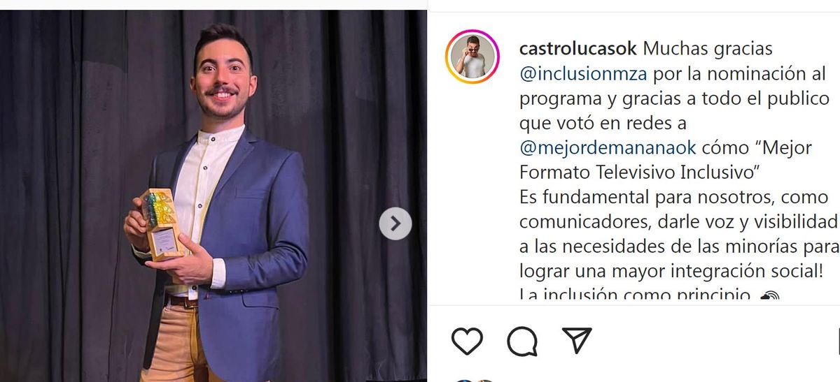 Lucas Castro agradeció en sus redes sociales el premio a