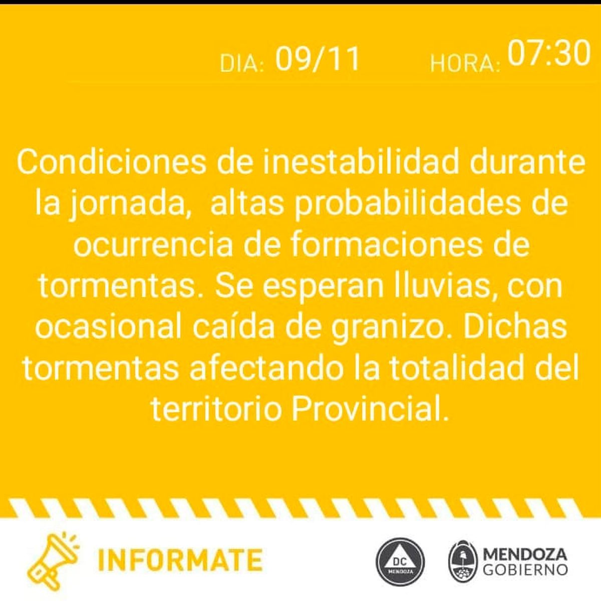Defensa Civil emitió una alerta amarilla para gran parte de Mendoza.