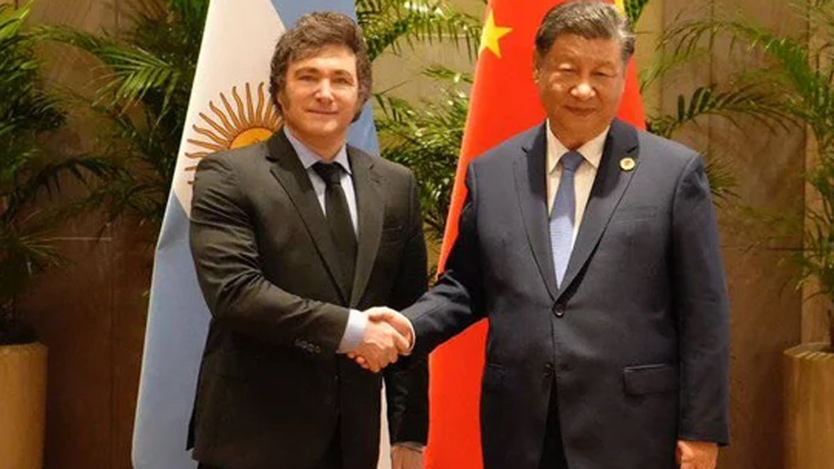 Apretón de manos entre Javier Milei y Xi Jinping.