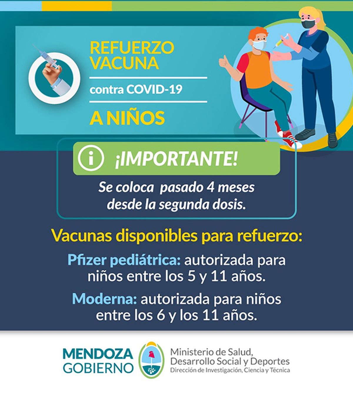 El Ministerio de Salud de Mendoza comenzará con la vacunación de refuerzo contra el Covid el lunes para chicos de entre 5 a 11 años.