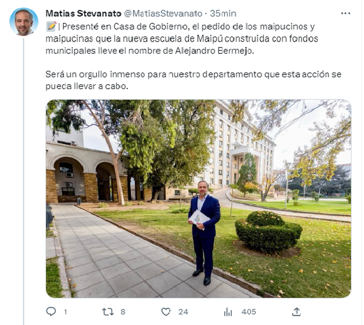 Los tuits en los que Stevanato anunció la iniciativa de que la escuela que se construye con fondos municipales se llame