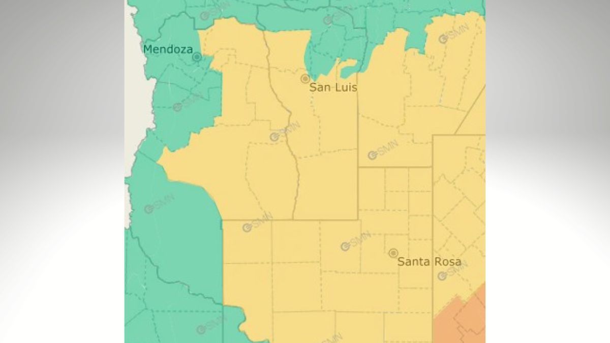 Las zonas pintadas de amarillo en el mapa de Mendoza indican en dónde el viento sur se hará sentir con mayor intensidad, según indicó el Servicio Meteorológico Nacional. Las zonas pintadas de amarillo en el mapa de Mendoza indican en dónde el viento sur se hará sentir con mayor intensidad, según indicó el Servicio Meteorológico Nacional.