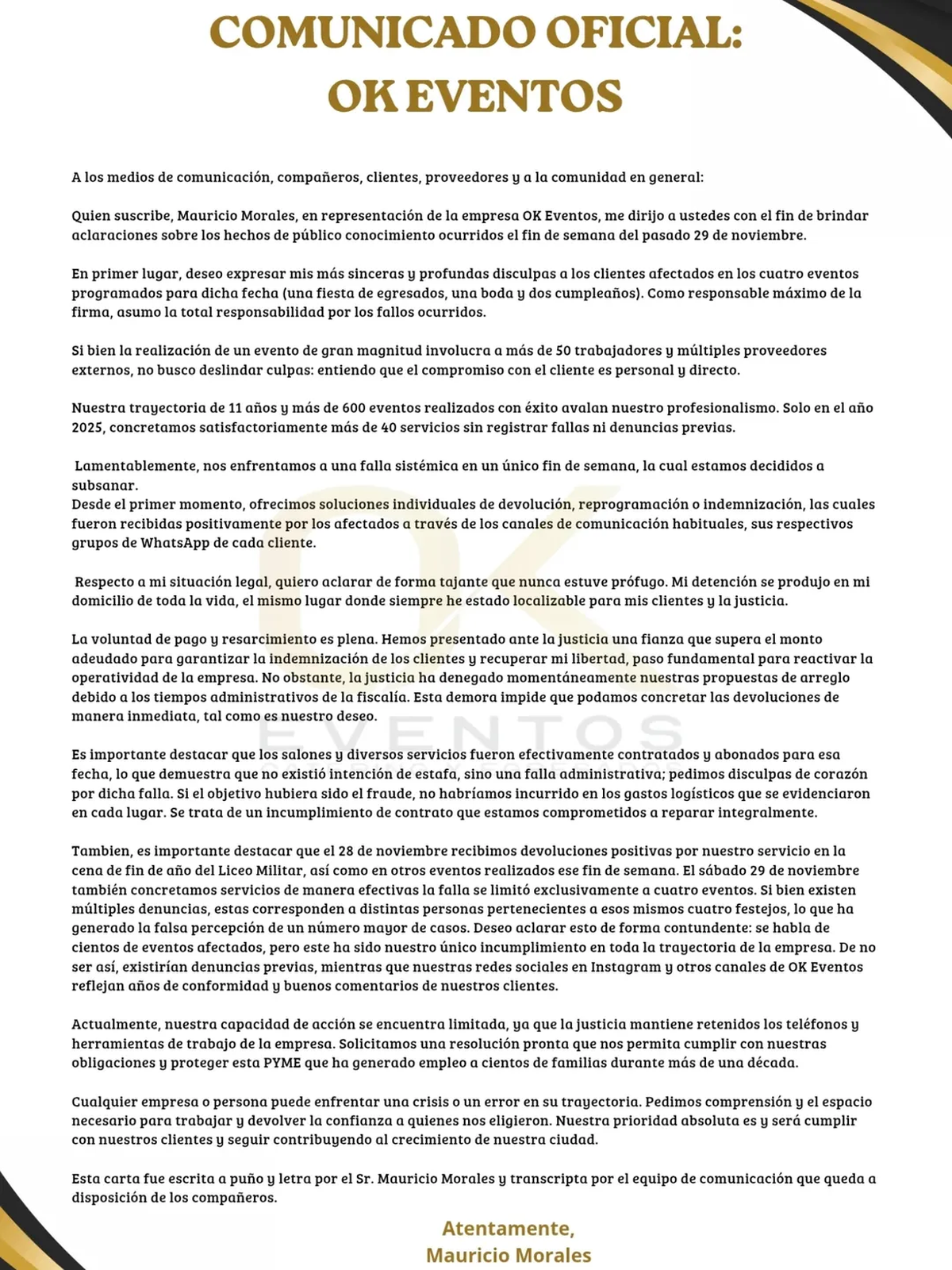 El comunicado de Mauricio Morales, dueño de Ok Eventos y detenido por estafas múltiples.