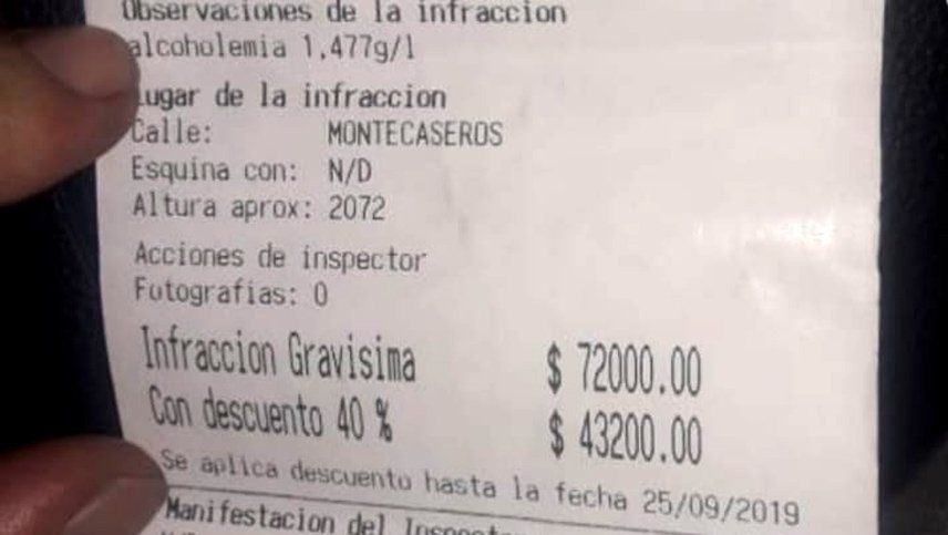 La Policía Vial de Ciudad colocó la primera multa de $72.000 por manejar ebrio