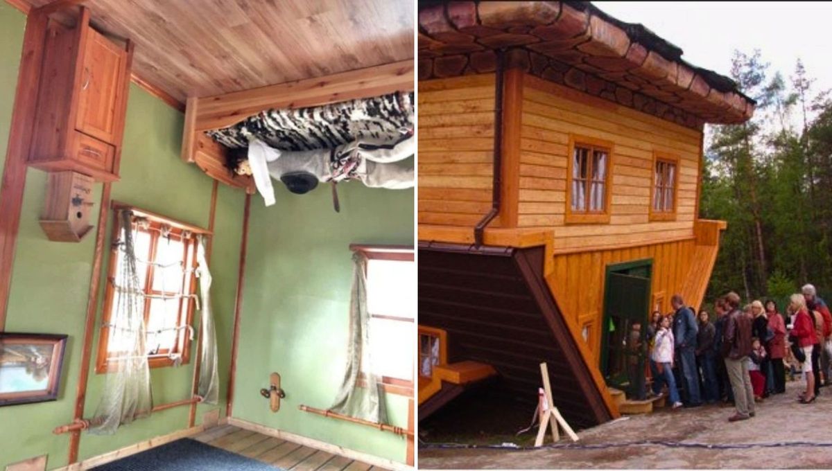 El mobiliario, incluyendo mesas, sillas y camas, tambi&eacute;n est&aacute; atornillado al "piso" (techo), lo que obliga a los visitantes a caminar sobre el cielo raso.