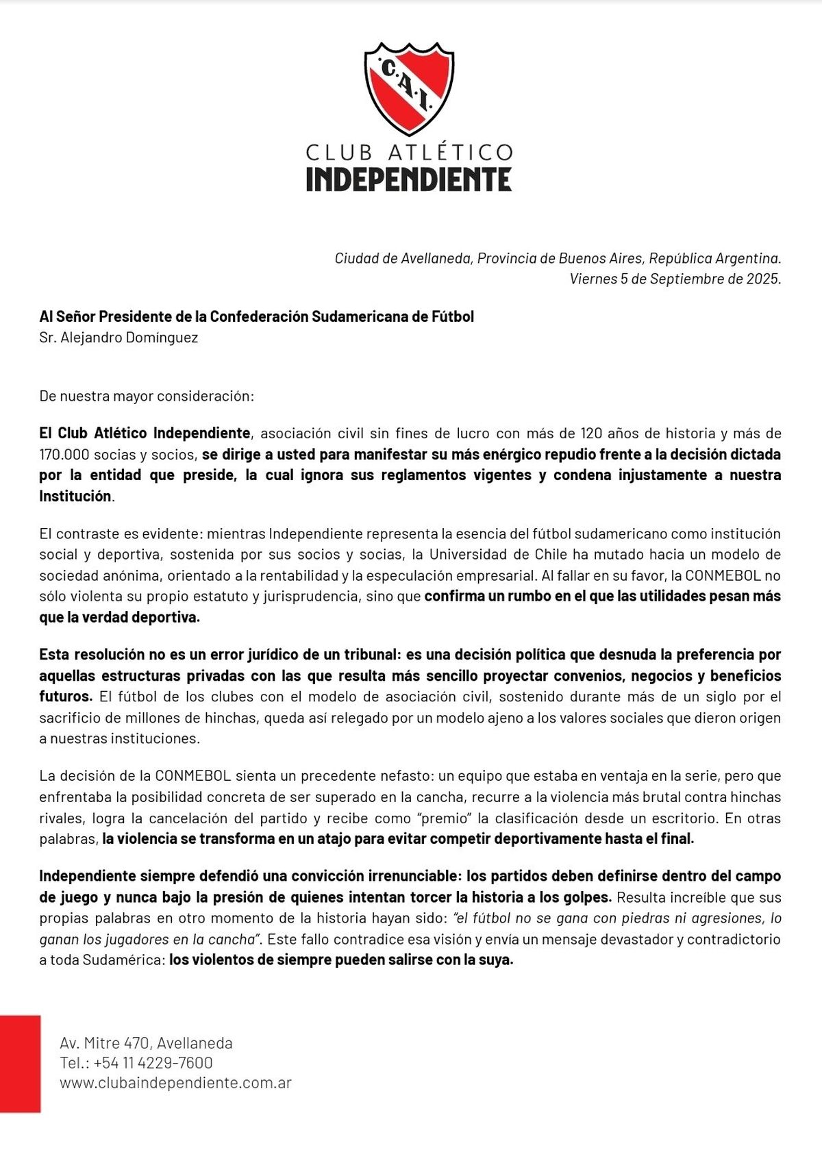 El comunicado que Independiente le envi&oacute; a Conmebol.