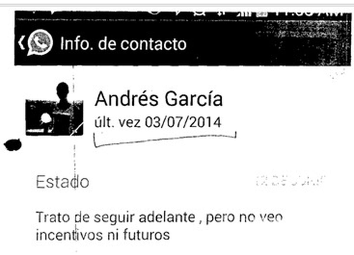 La leyenda que aparece en el Estado Fijo de la cuenta de Whatsapp de Andrés García Campoy fue escrita el 3 de julio de 2014, según el informe de la especialista en evidencia digital. Para entonces, el muchacho llevaba 20 días muerto.   