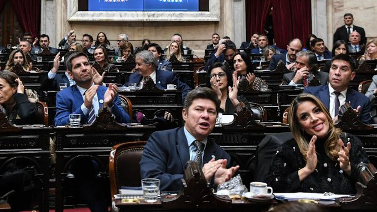 Aplauden los diputados nacionales que salvaron a Adorni. Entre ellos, a la derecha, el liberal mendocino Facundo Correa Llano.