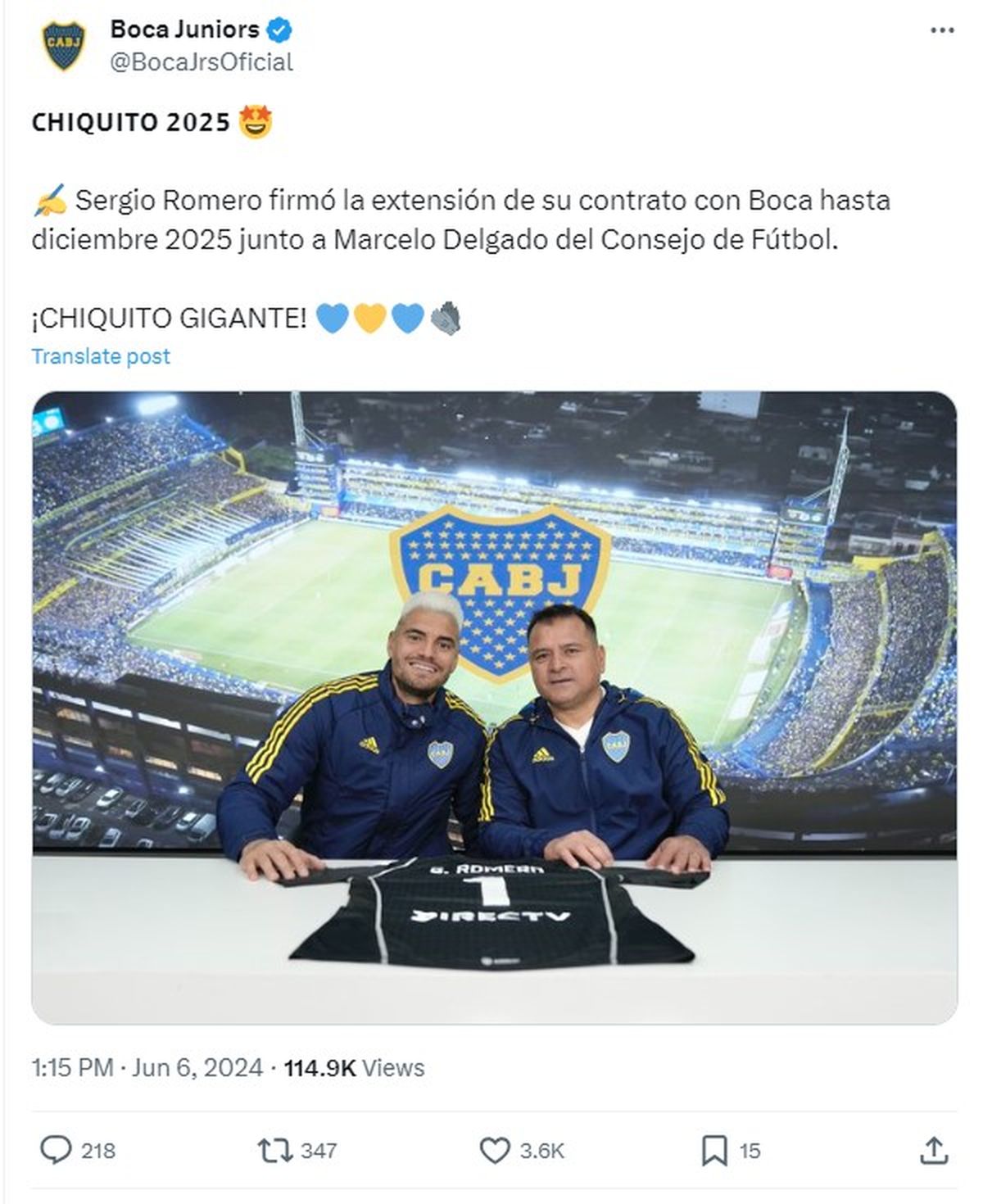 El posteo de Boca en sus redes con la renovación de Sergio Romero. El posteo de Boca en sus redes con la renovación de Sergio Romero.