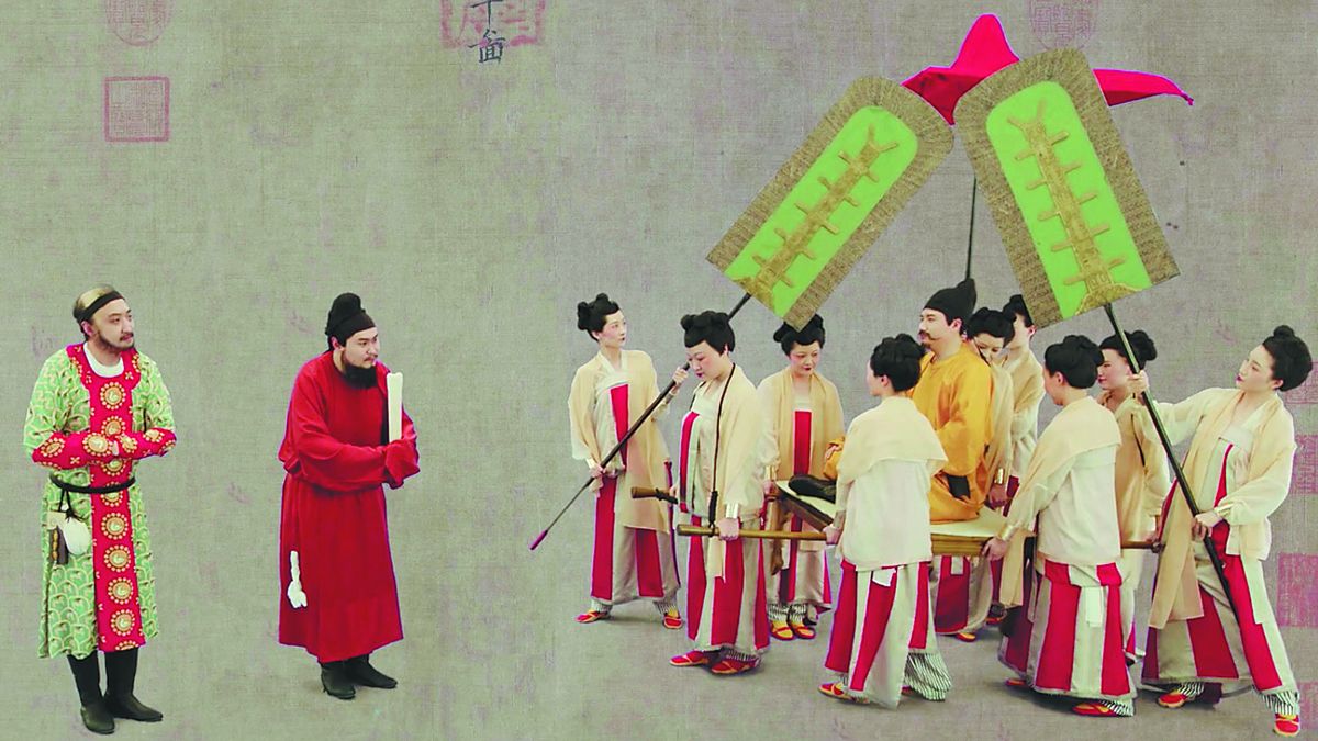 Actores y actrices recrean Bunian Tu, una pintura de la dinastía Tang (618-907) de Yan Liben, que muestra al emperador Taizong recibiendo al emisario tibetano. PARA USO DE CHINA DAILY