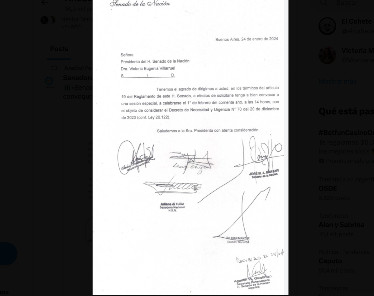 La nota que presentaron los senadores del Frente de Todos, entre ellos la mendocina Anabel Fernández Sagasti, para tratar el DNU. La nota que presentaron los senadores del Frente de Todos, entre ellos la mendocina Anabel Fernández Sagasti, para tratar el DNU.