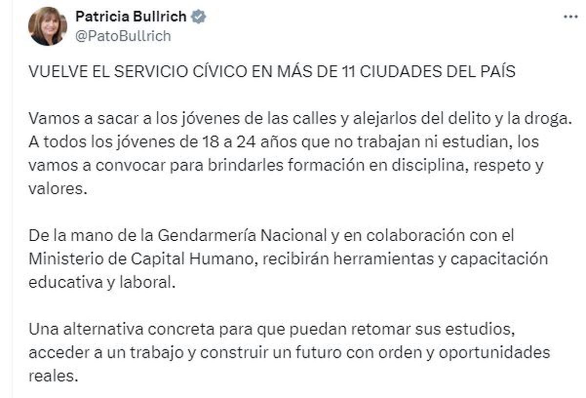 El anuncio de Bullrich sobre el Servicio C&iacute;vico.