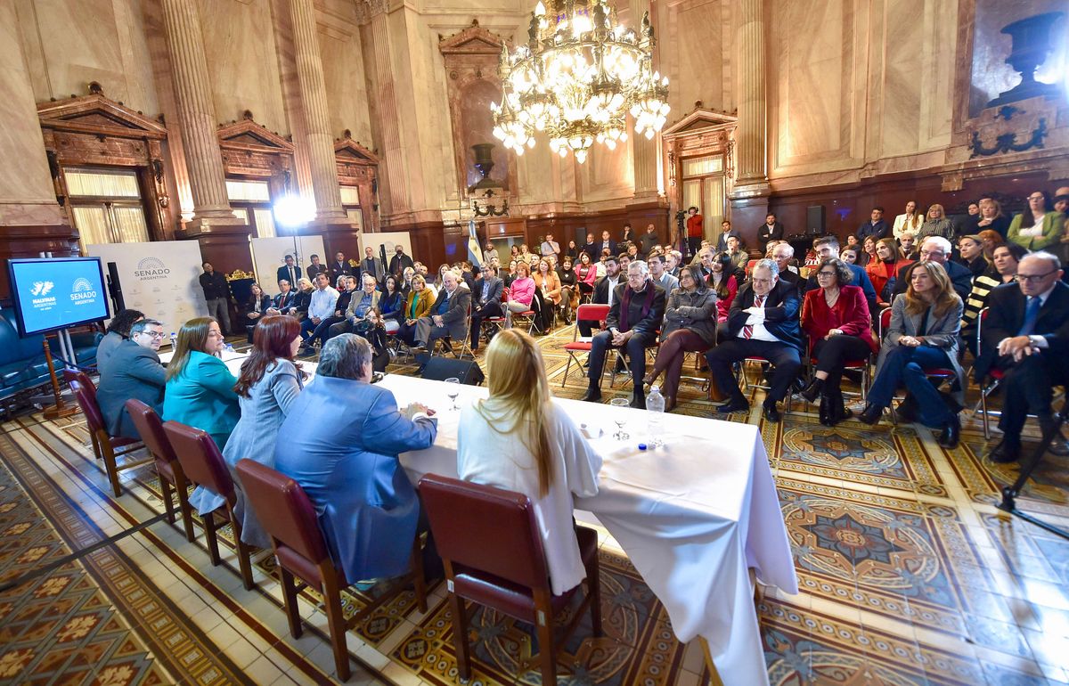 Cristina Kirchner se dirige a los legisladores del peronismo. A la derecha de ella están José Mayans y Anabel Fernández Sagasti.