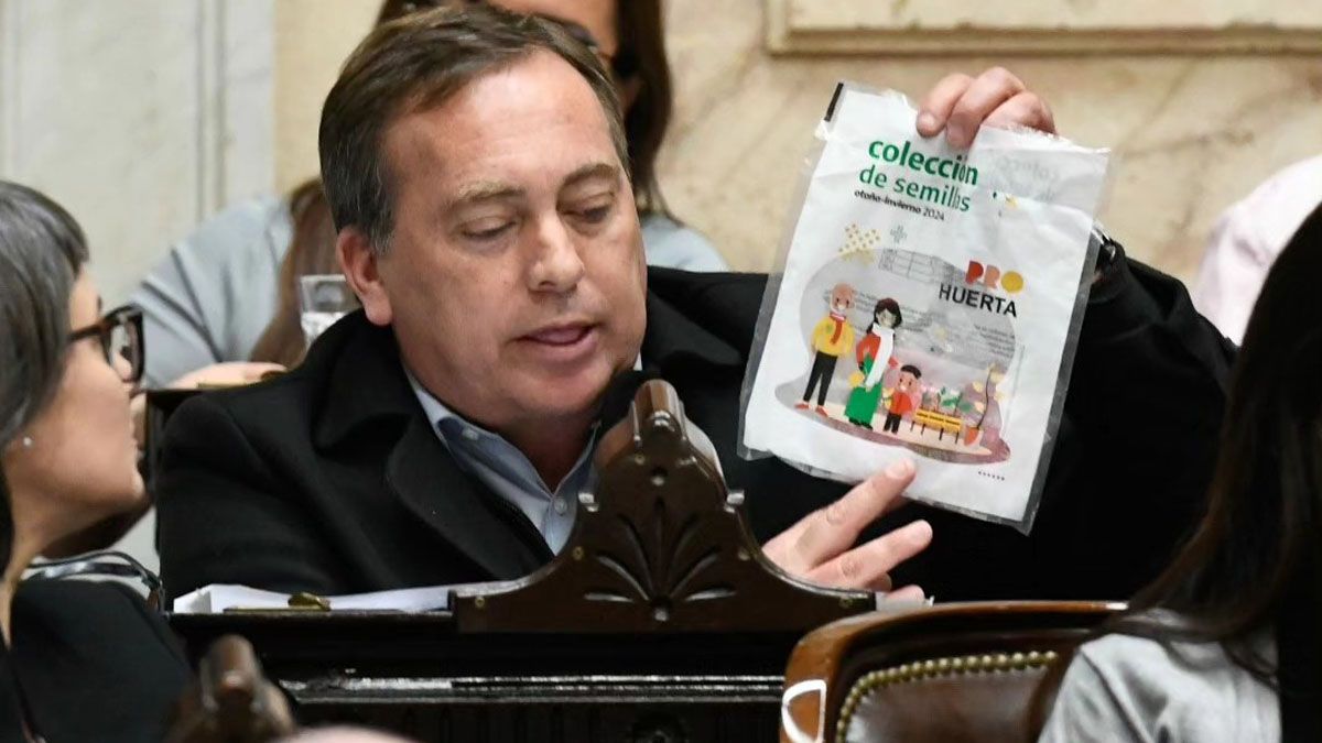 Martín Aveiro exhibió una de las bolsitas del programa ProHuerta.