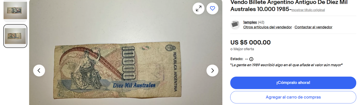 Pagan 5000 dólares en Estados Unidos por un billete argentino Pagan 5000 dólares en Estados Unidos por un billete argentino