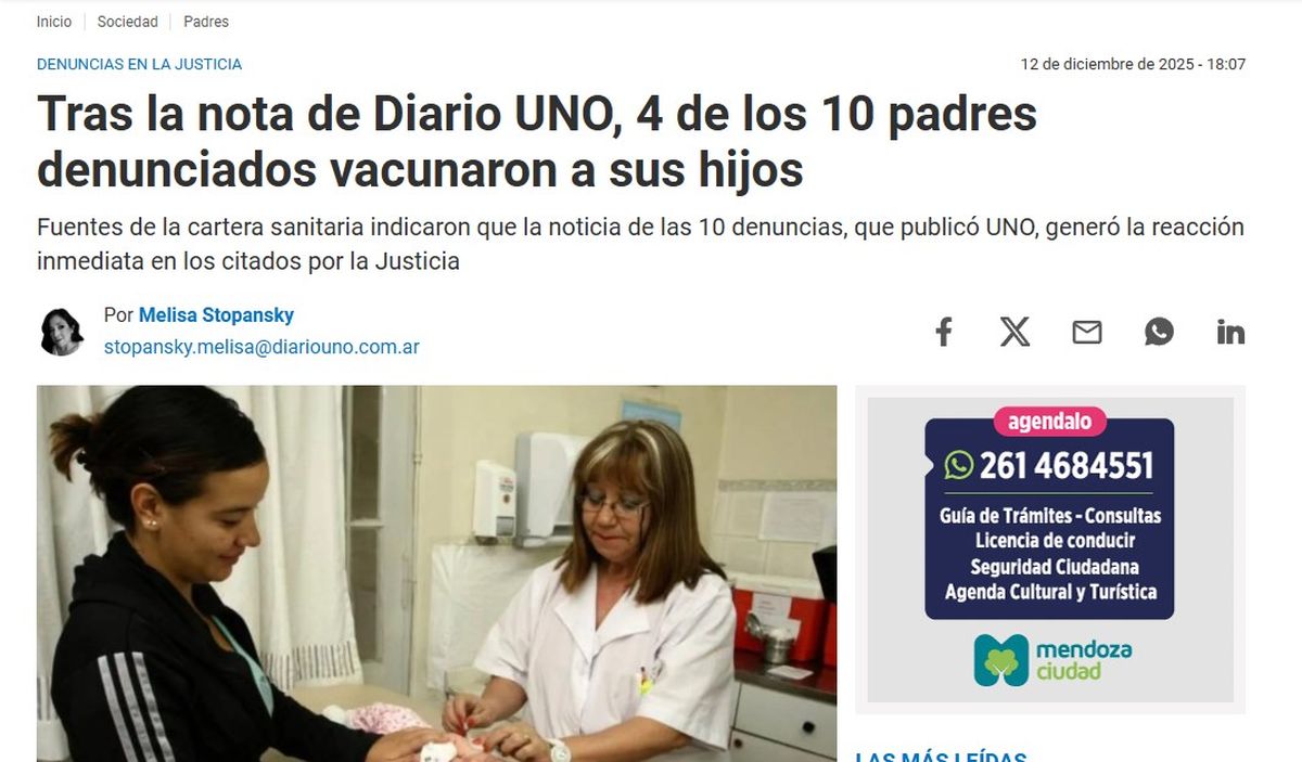 Fue tal la difusión de la nota de Diario UNO, que la reacción de los padres fue inmediata. Se completaron más de 70 esquemas de vacunación. Fue tal la difusión de la nota de Diario UNO, que la reacción de los padres fue inmediata. Se completaron más de 70 esquemas de vacunación.