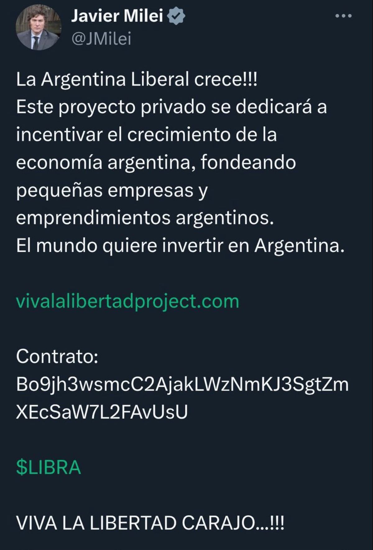 El tuit sobre el token cripto $LIBRA que el presidente Javier Milei posteó y luego eliminó. El tuit sobre el token cripto $LIBRA que el presidente Javier Milei posteó y luego eliminó.