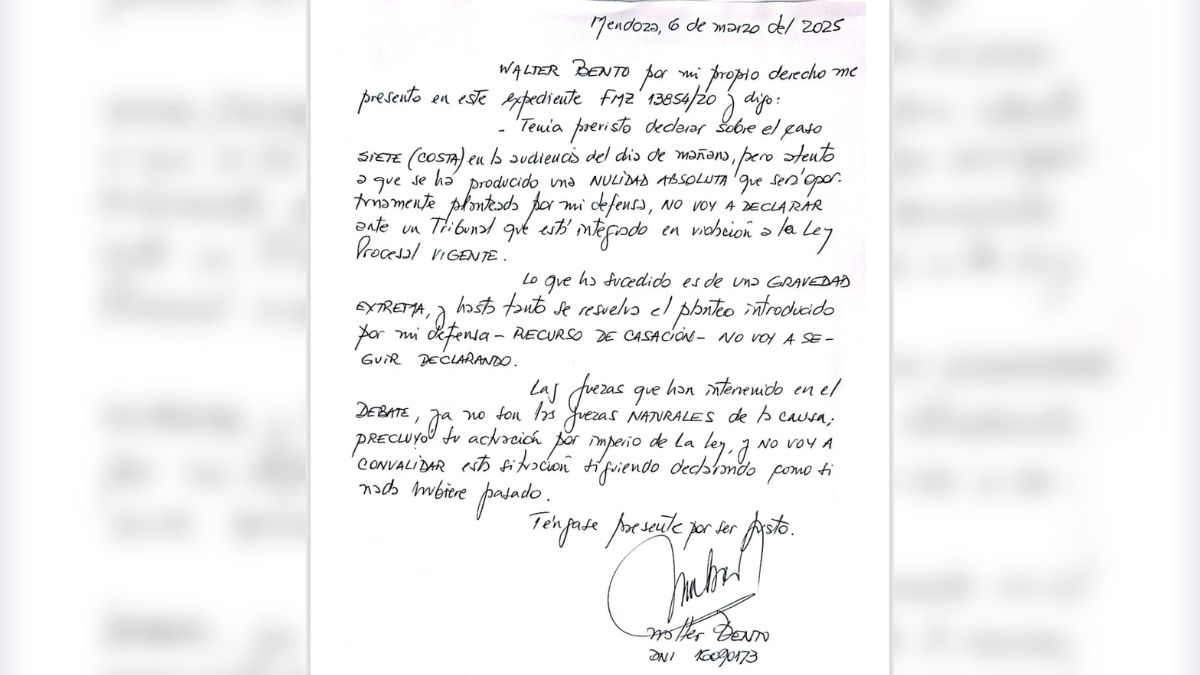 El escrito que presentó el jueves Walter Bento. El escrito que presentó el jueves Walter Bento.