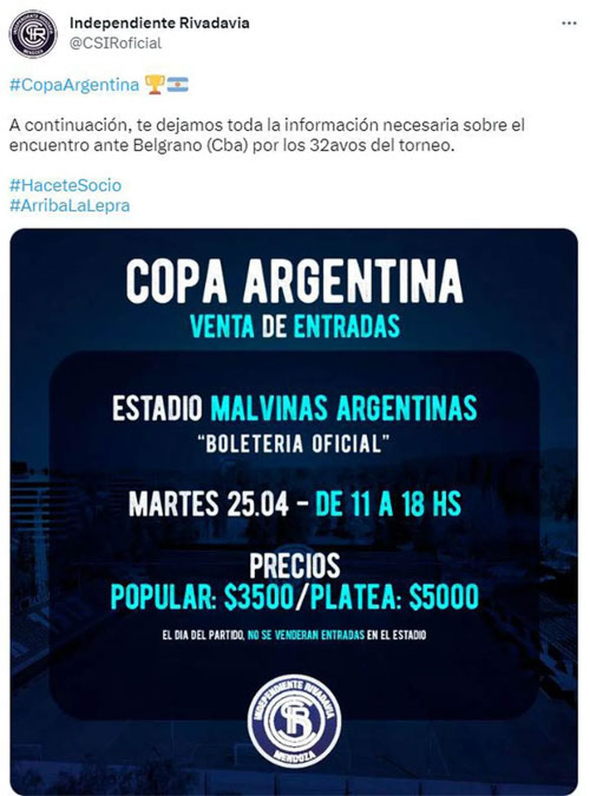 Cuándo y dónde es el partido Independiente Rivadavia vs. Belgrano de