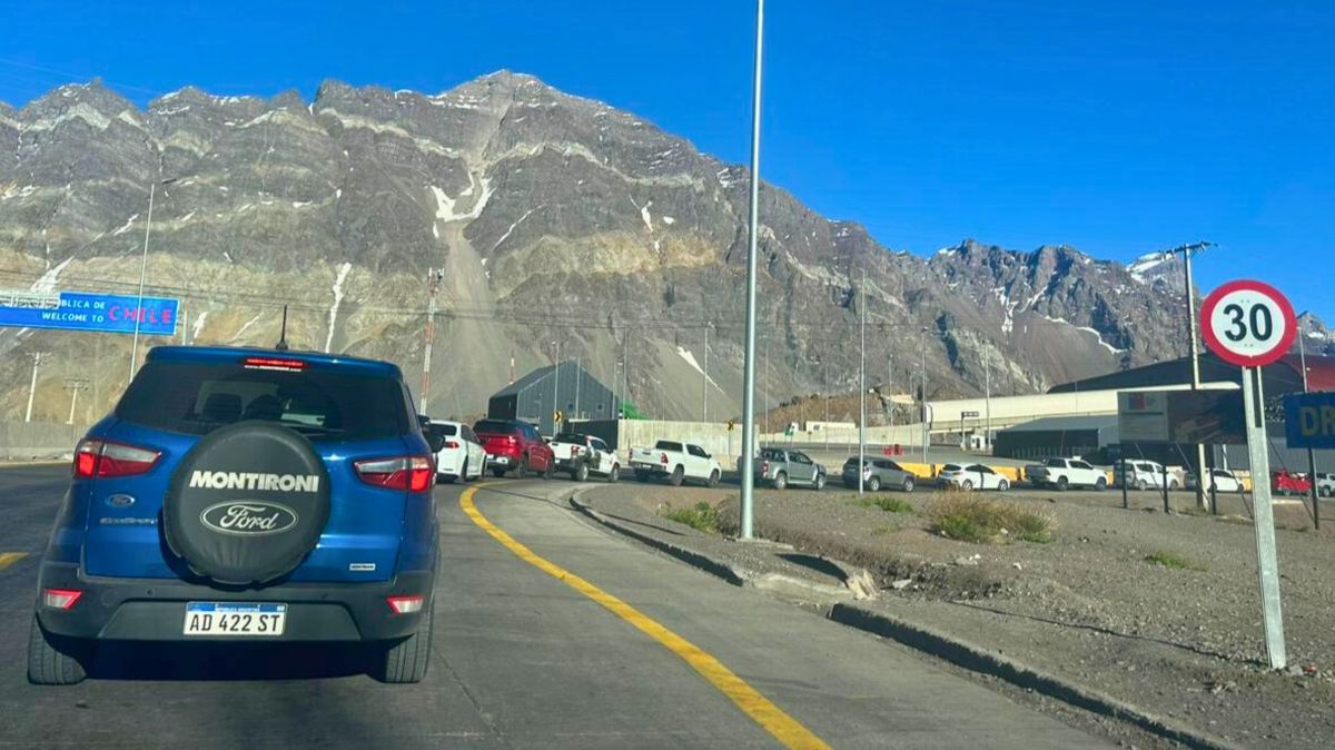 Imagen de la fila de autos este s&aacute;bado a la ma&ntilde;ana en el ingreso al complejo Los Libertadores, del lado chileno.