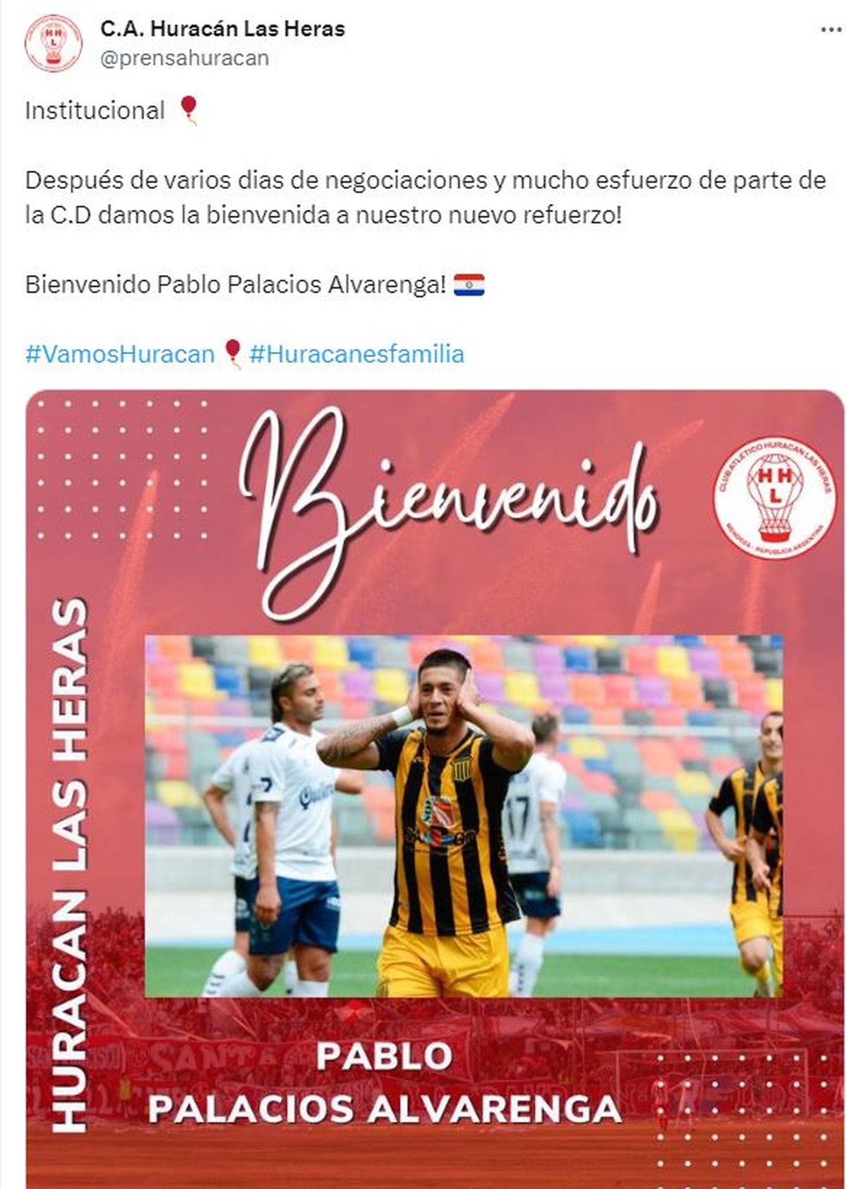 Pablo Palacios Alvarenga, un refuerzo de jerarquía para Huracán Las Heras