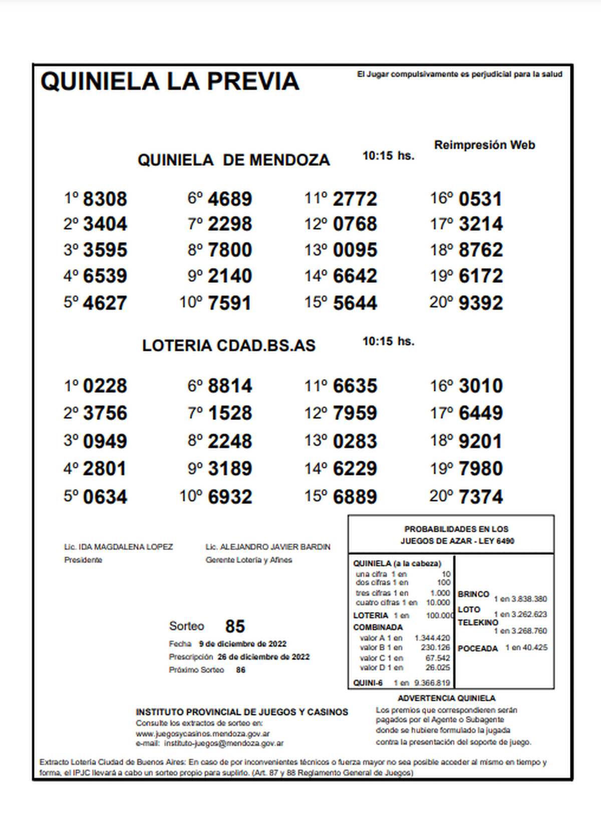 Extracto de la Quiniela de Mendoza en su edición La Previa del viernes 9 de diciembre
