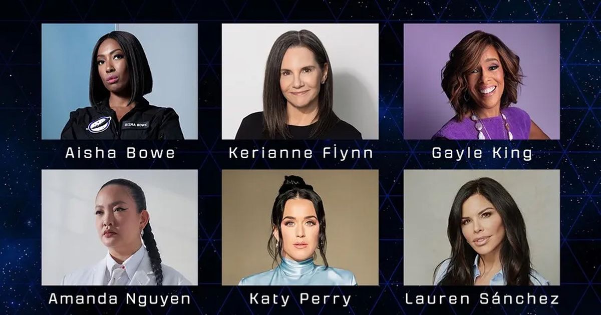 Fotografía cedida por Blue Origin donde aparecen (de arriba hacia abajo) la ingeniera aeroespacial Aisha Bowe, la productora de cine Kerianne Flynn, la periodista y presentadora de CBS Gayle King, la emprendedora social y activista Amanda Nguyen, la cantante Katy Perry, y la esposa de Jeff Bezos, la periodista y escritora Lauren Sánchez. Crédito: EFE/Blue Origin. Fotografía cedida por Blue Origin donde aparecen (de arriba hacia abajo) la ingeniera aeroespacial Aisha Bowe, la productora de cine Kerianne Flynn, la periodista y presentadora de CBS Gayle King, la emprendedora social y activista Amanda Nguyen, la cantante Katy Perry, y la esposa de Jeff Bezos, la periodista y escritora Lauren Sánchez. Crédito: EFE/Blue Origin.