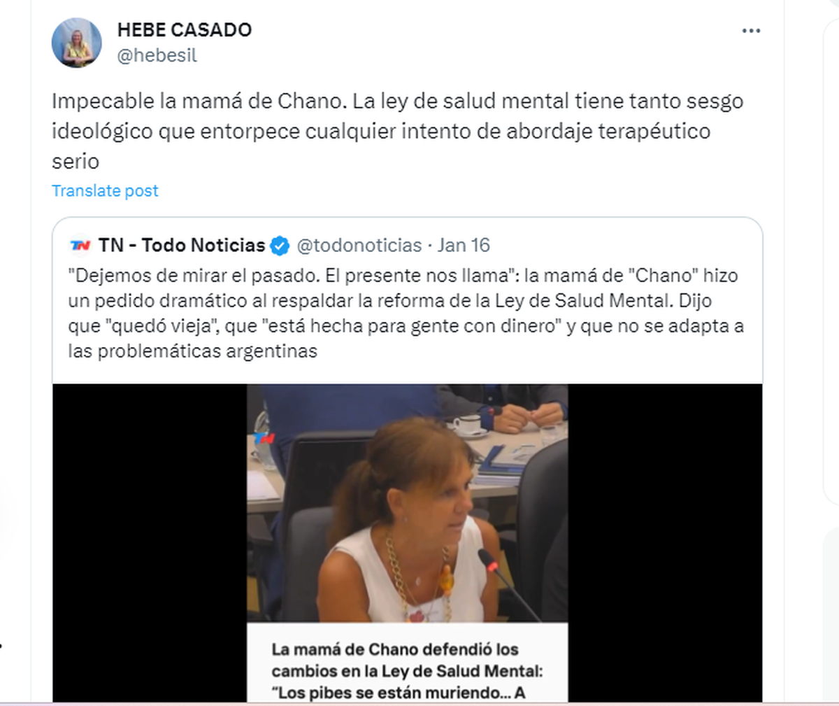 El posteo de Hebe Casado replicando el pedido de la madre de Chano, el cantante de Tan Biónica, sobre los cambios en la ley de Salud Mental que plantea la Ley Ómnibus de Milei El posteo de Hebe Casado replicando el pedido de la madre de Chano, el cantante de Tan Biónica, sobre los cambios en la ley de Salud Mental que plantea la Ley Ómnibus de Milei
