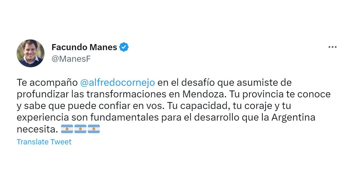 El apoyo de Manes a la candidatura de Cornejo hacia la gobernación.