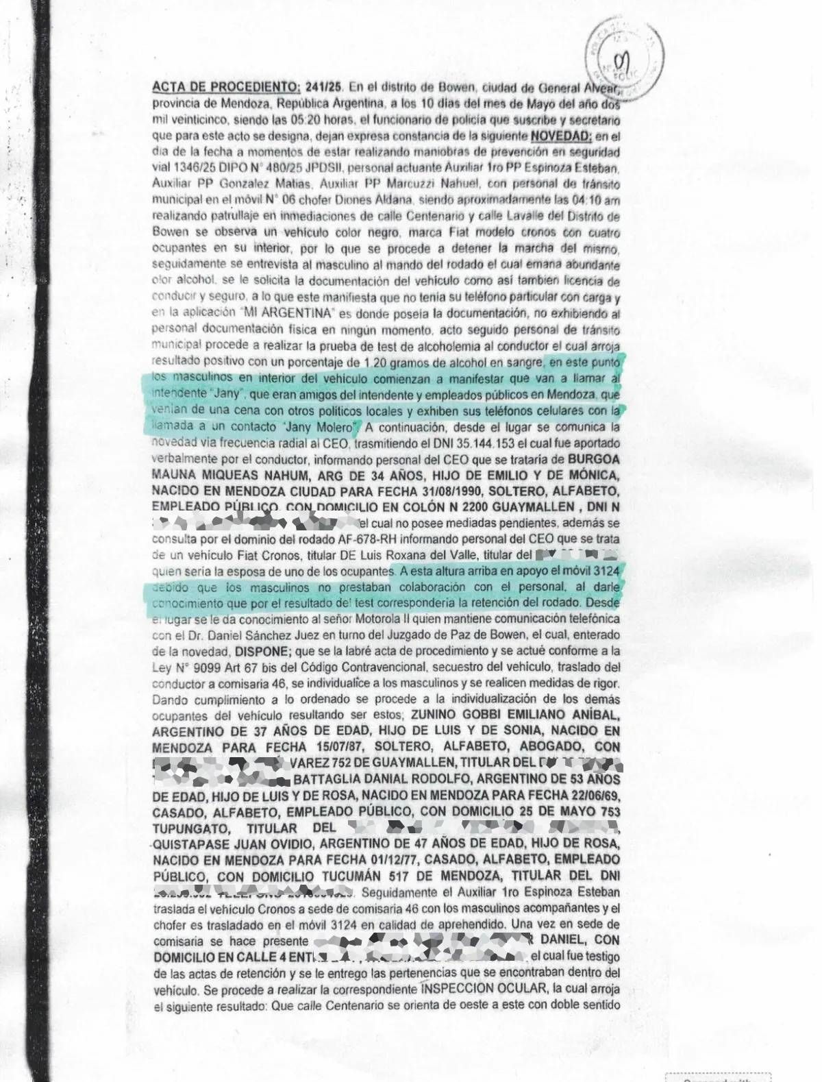 El acta policial a Miqueas Burgoa en General Alvear por conducir ebrio.
