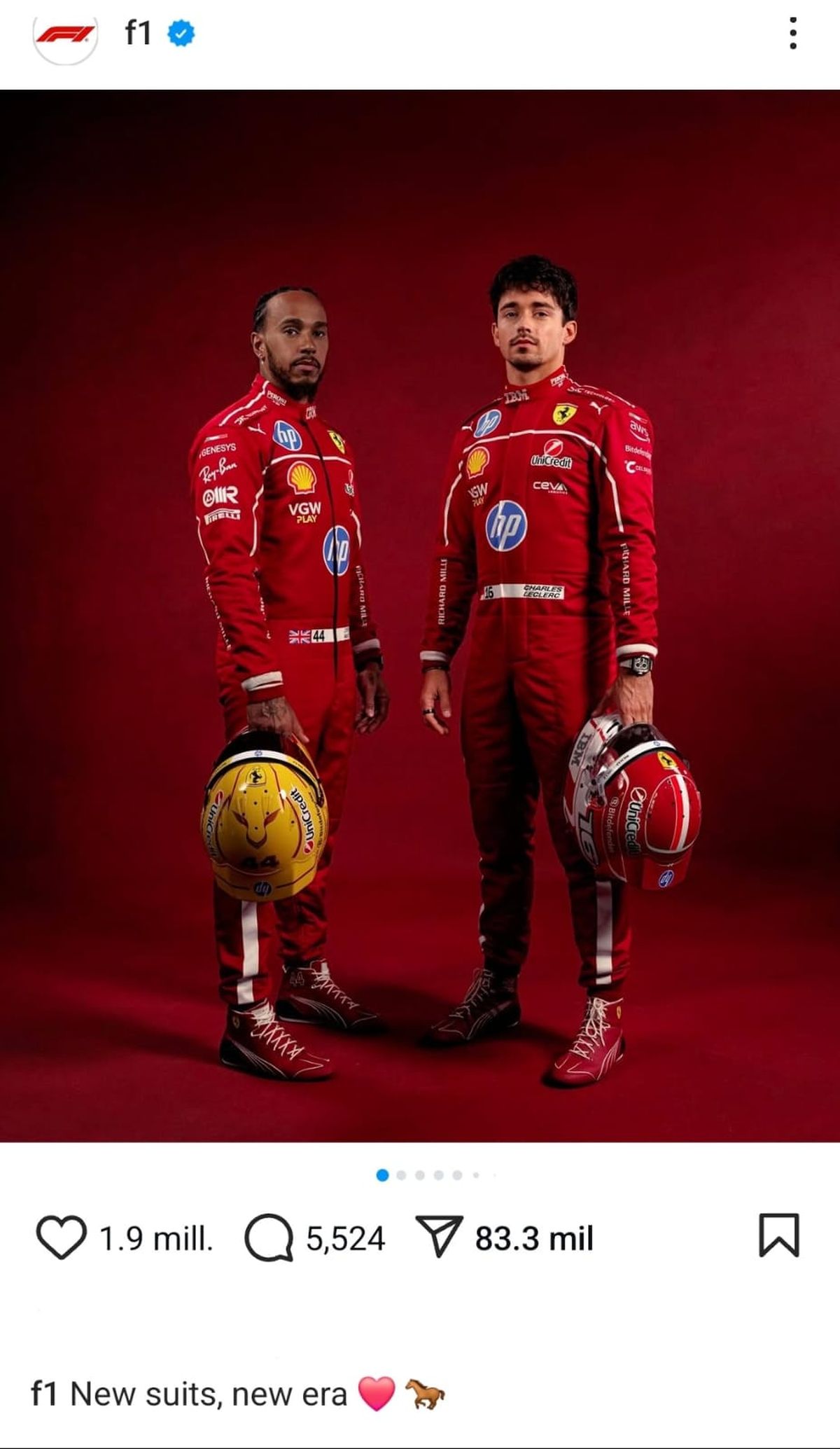 La publicación que hizo la cuenta oficial de Fórmula 1 sobre los nuevos trajes de Ferrari del 2025 con Hamilton y Leclerc.