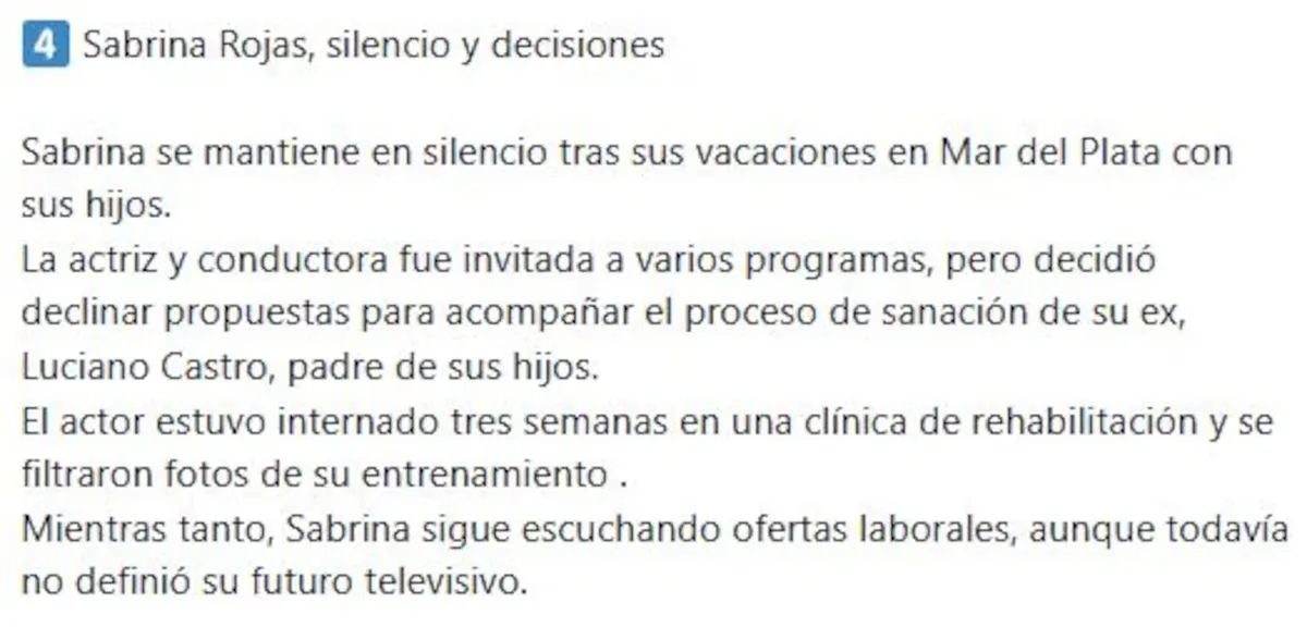 La decisión de Sabrina Rojas tras la internación de Luciano Castro. La decisión de Sabrina Rojas tras la internación de Luciano Castro.