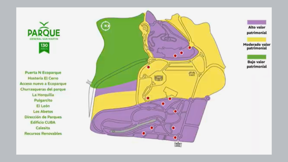 El Parque General San Martín, zonificado de acuerdo al valor patrimonial. El Parque General San Martín, zonificado de acuerdo al valor patrimonial.