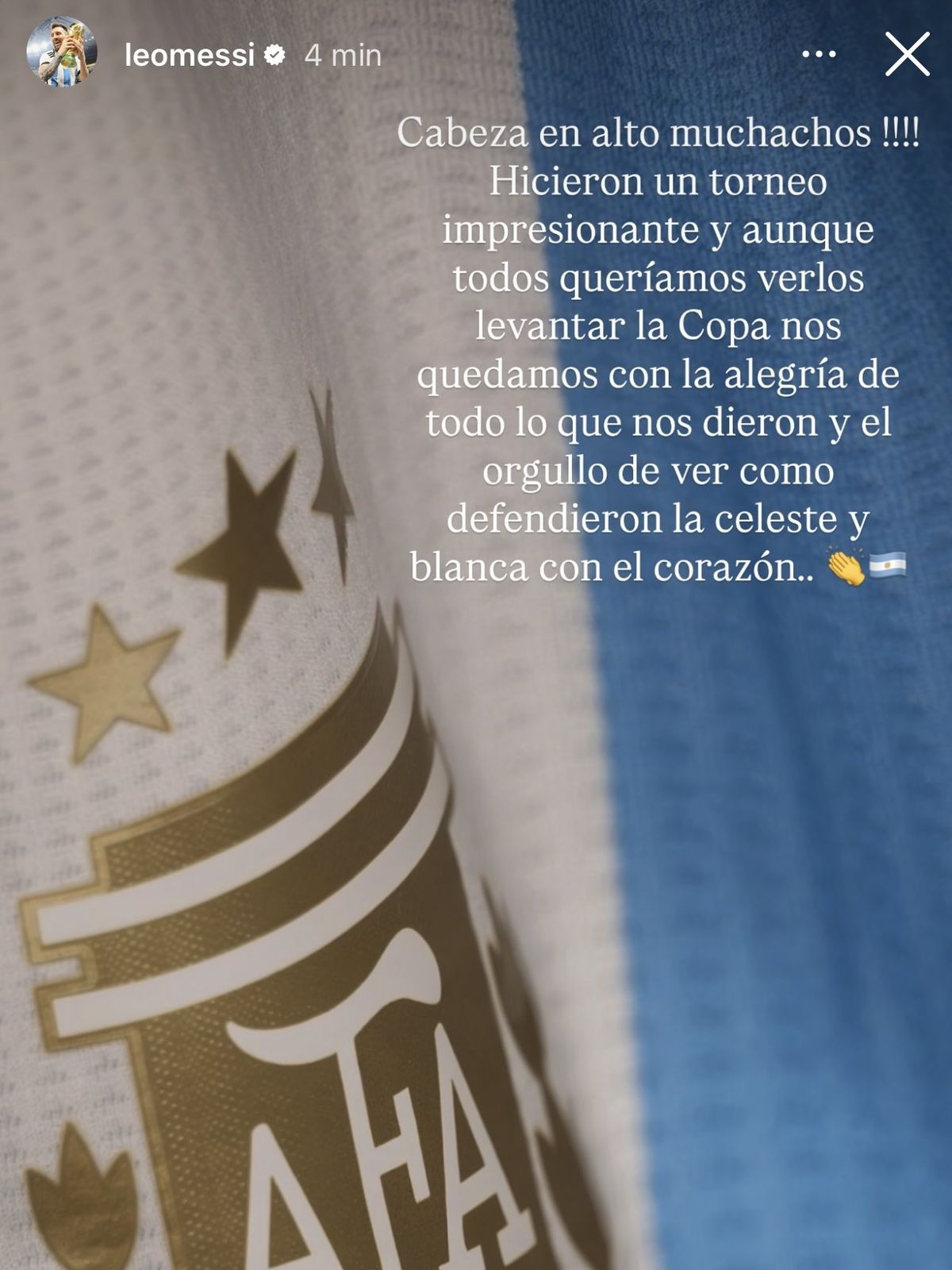 El mensaje de Lionel Messi en sus historias de Instagram apoyando a los j&oacute;venes de la Selecci&oacute;n argentina luego de perder en la final del Mundial Sub 20.&nbsp;