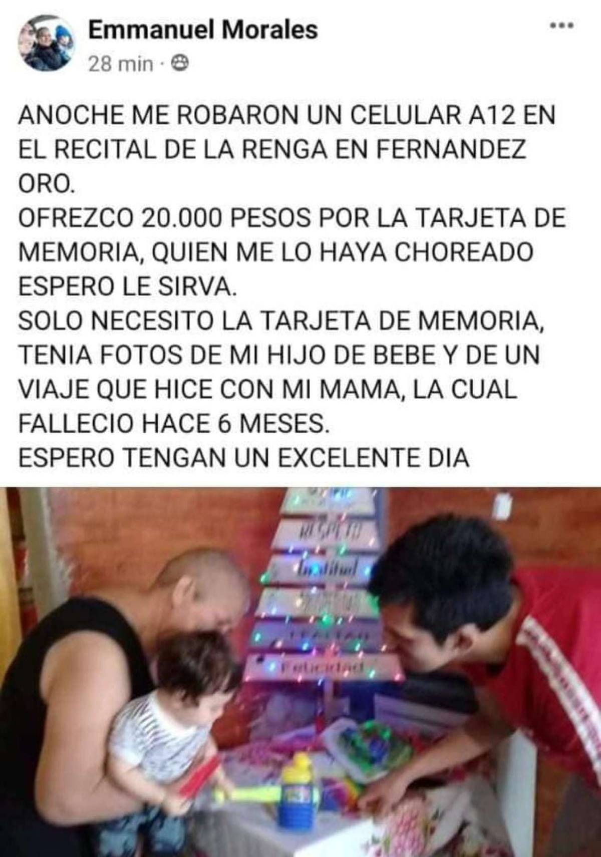 El posteo de Emmanuel ofreciendo la recompensa por el teléfono robado