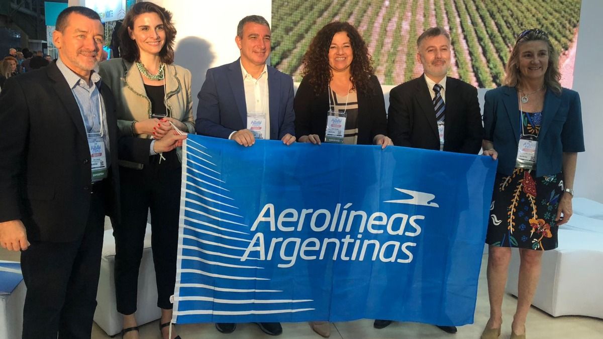La ministra Nora Vicario junto a otros referentes aeronáuticos durante la expo en Brasil.