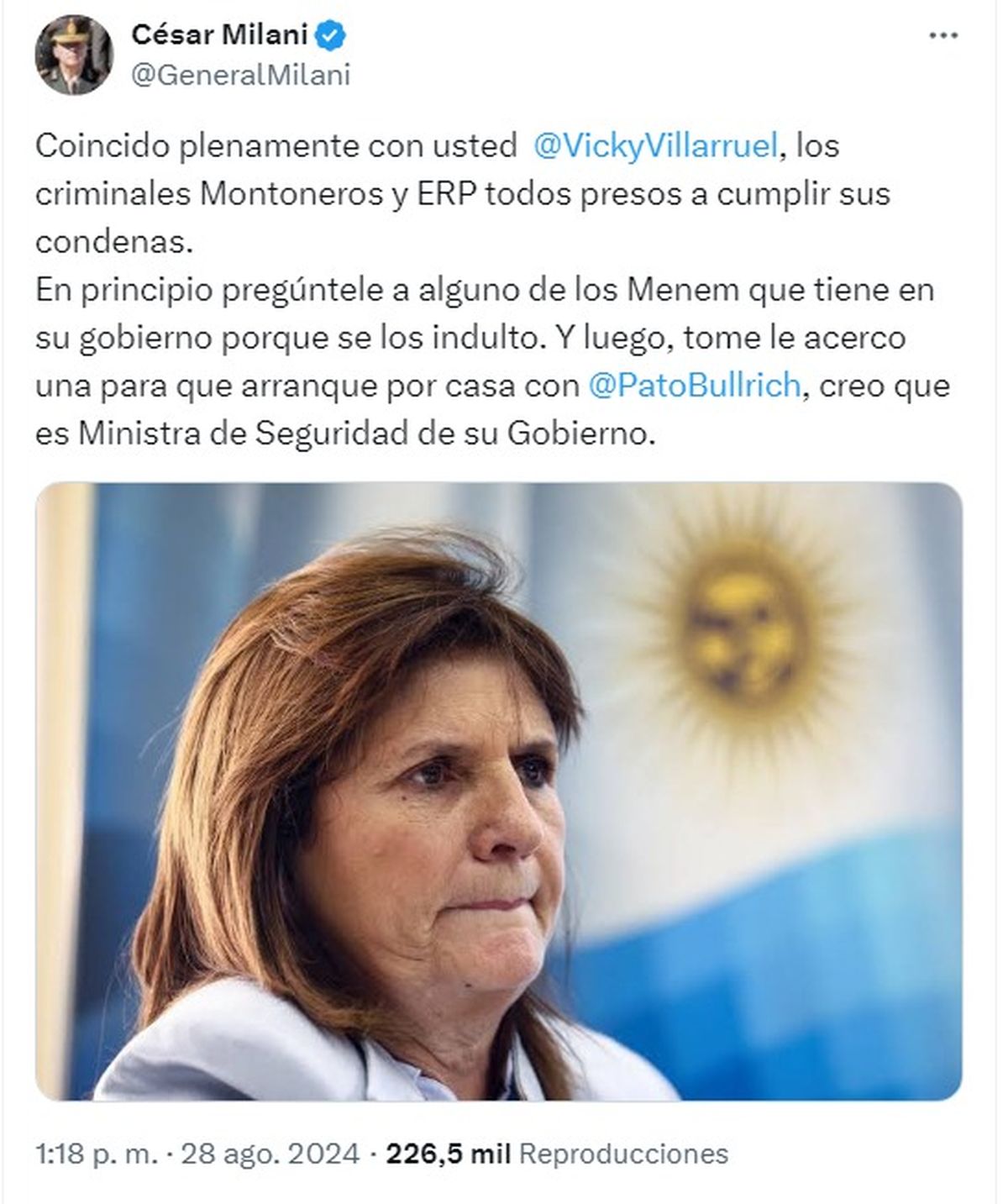 El tuit de Milani que causó revuelo. El tuit de Milani que causó revuelo.