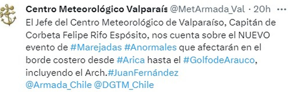 El mensaje del Centro Meteorológico de Valparaíso en la red social X. El mensaje del Centro Meteorológico de Valparaíso en la red social X.