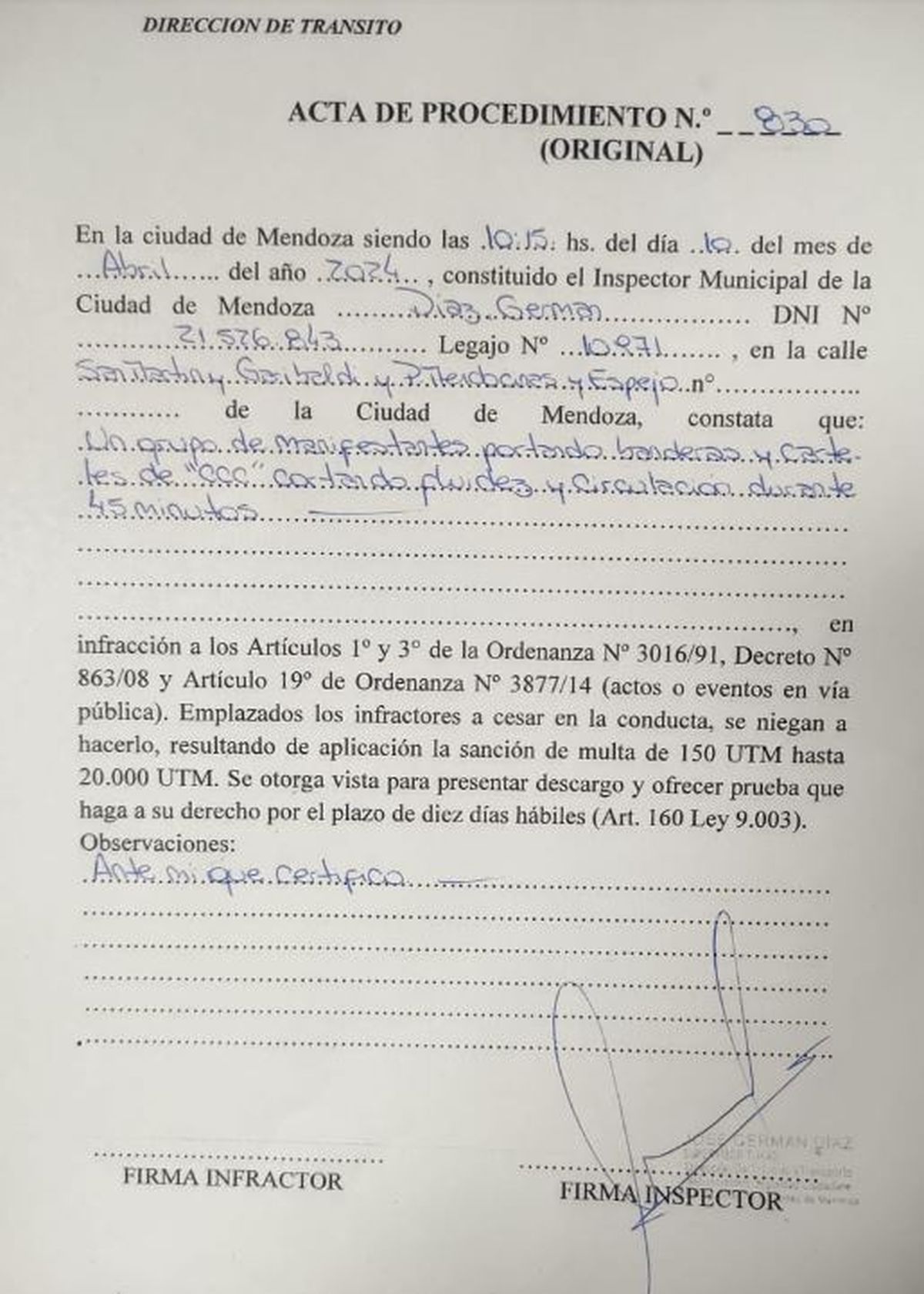 Acta de infracción. El multado no se dio por notificado y por eso la parte que dice Acta de infracción. El multado no se dio por notificado y por eso la parte que dice