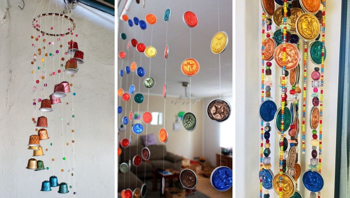 Cápsulas de café convertidas en cortinas y llamadores de ángeles. Cápsulas de café convertidas en cortinas y llamadores de ángeles. 