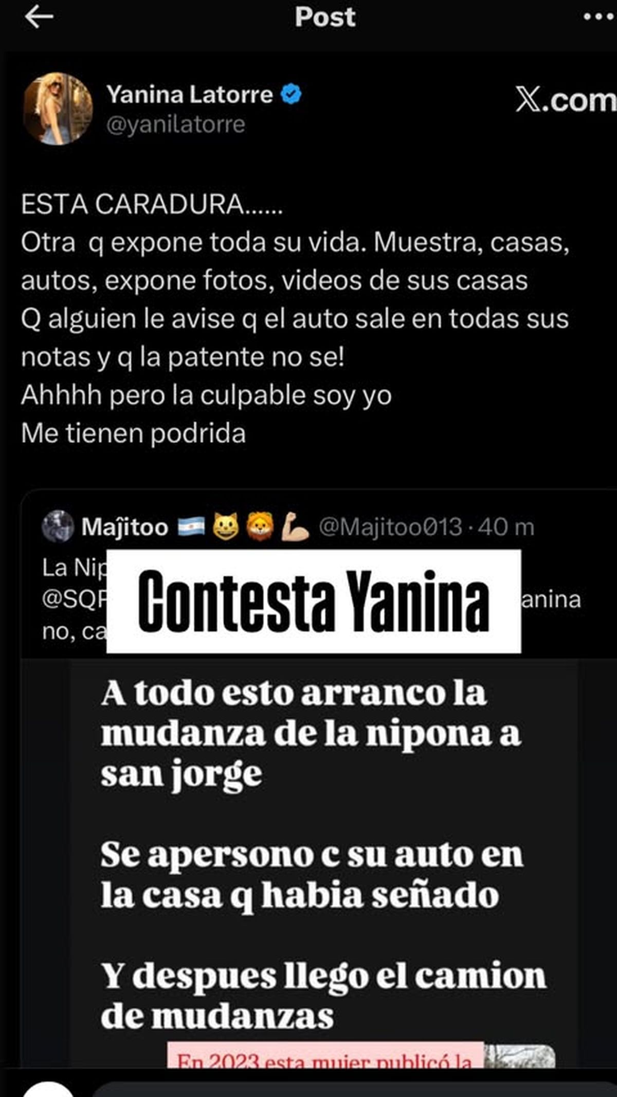 Yanina Latorre le contestó a la China Suárez. Yanina Latorre le contestó a la China Suárez.