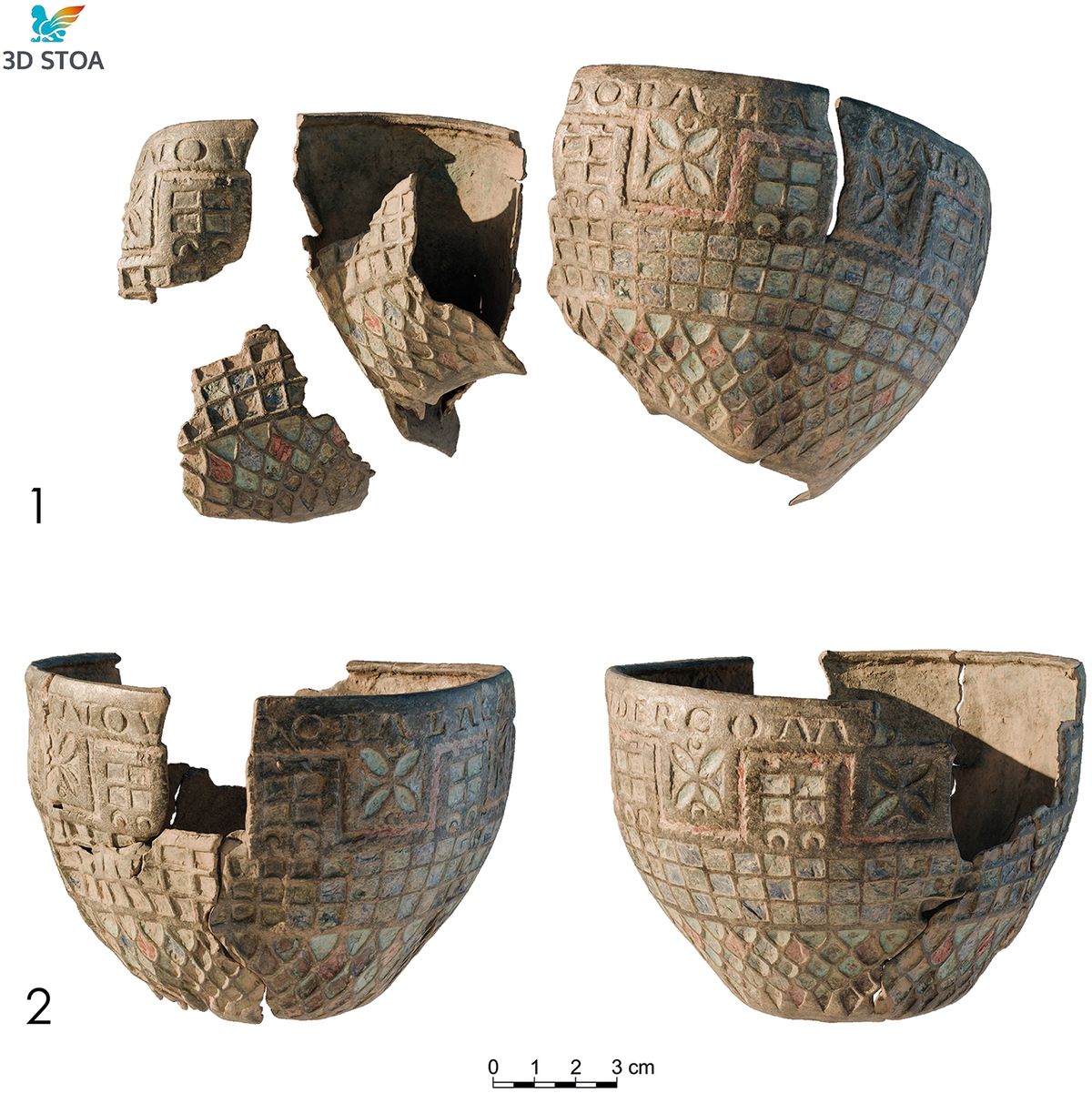 Vista inferior de la copa de Berlanga de Duero en la que destacan los motivos curvos y semicírculos esmaltados. Estos diseños, situados en la base del recipiente, representan según los investigadores el foso defensivo que corría paralelo a la fortificación británica, completando así una representación artística total de la frontera imperial en un objeto de uso cotidiano o conmemorativo. Vista inferior de la copa de Berlanga de Duero en la que destacan los motivos curvos y semicírculos esmaltados. Estos diseños, situados en la base del recipiente, representan según los investigadores el foso defensivo que corría paralelo a la fortificación británica, completando así una representación artística total de la frontera imperial en un objeto de uso cotidiano o conmemorativo.