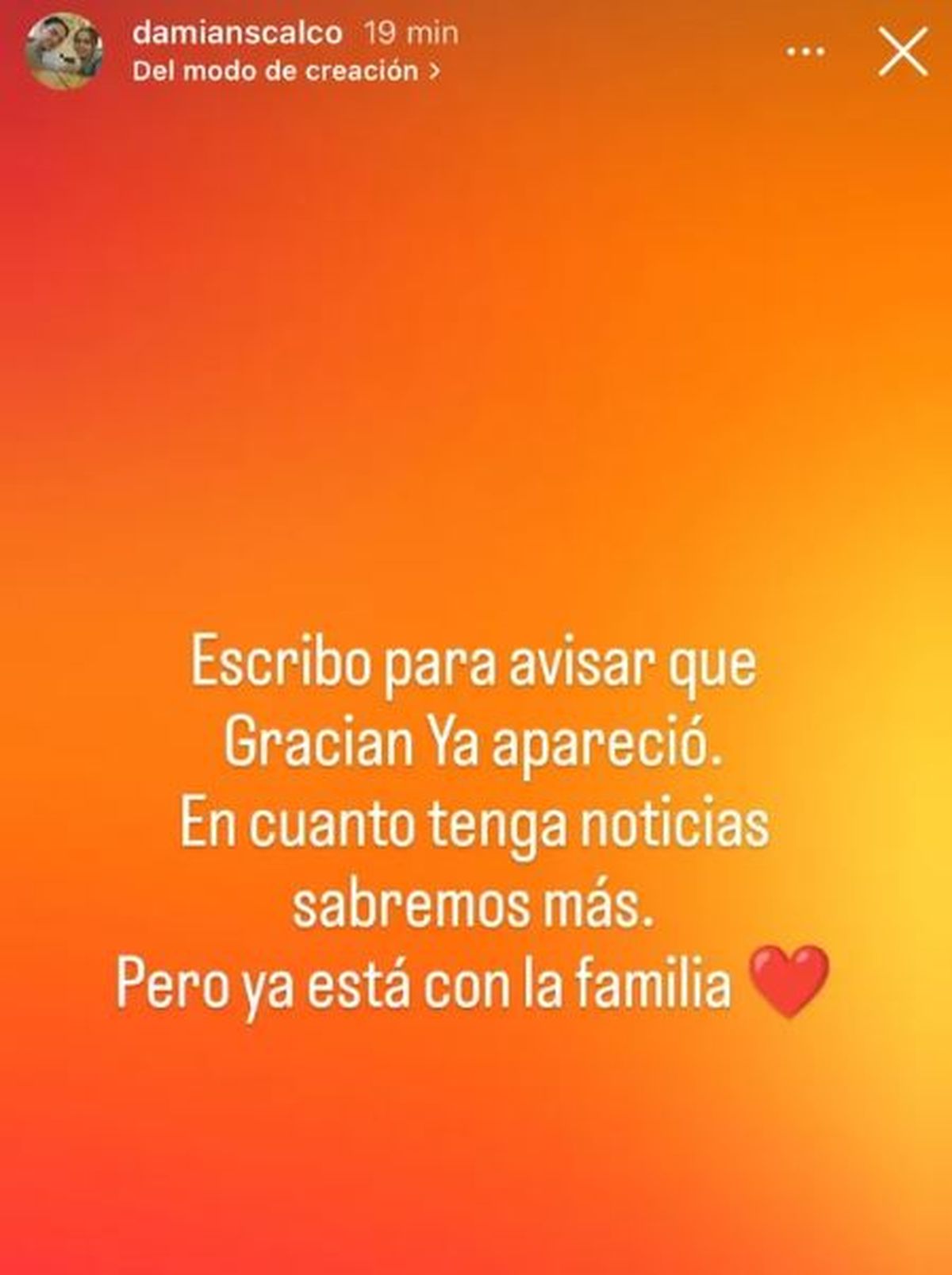 La confirmaci&oacute;n de la aparici&oacute;n por parte de uno de sus hijos. Instagram.&nbsp;