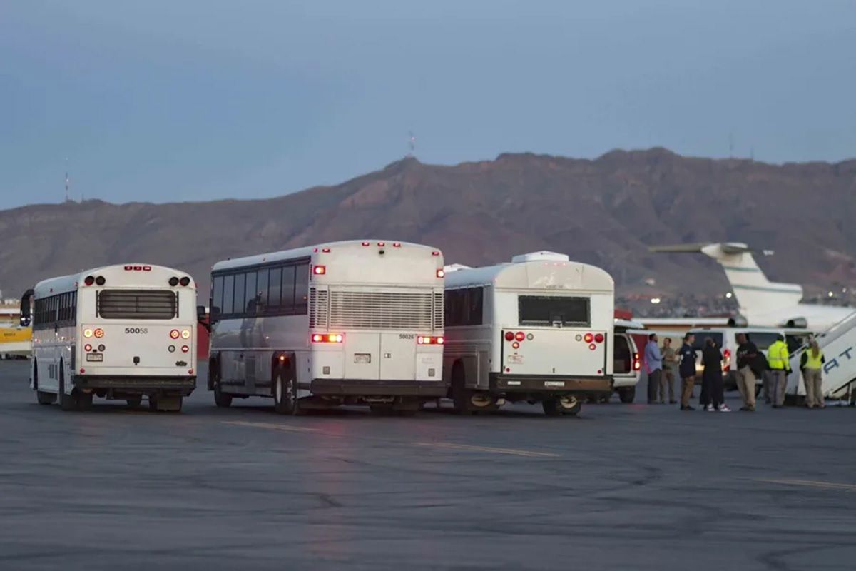 Un grupo de autobuses que transporta migrantes hondureños rumbo a un avión fletado por el Servicio de Control de Inmigración y Aduanas (ICE). Crédito: EFE/ Jonathan Fernández.