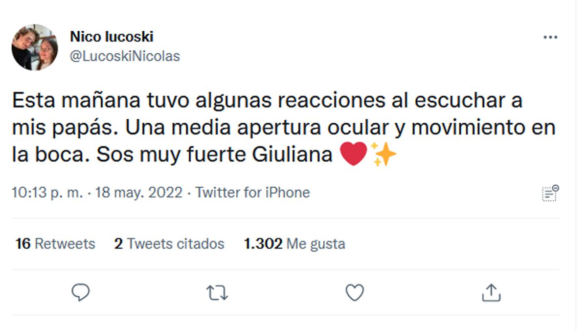 El hermano de Giuliana Lucoski informa diariamente cómo sigue su salud.