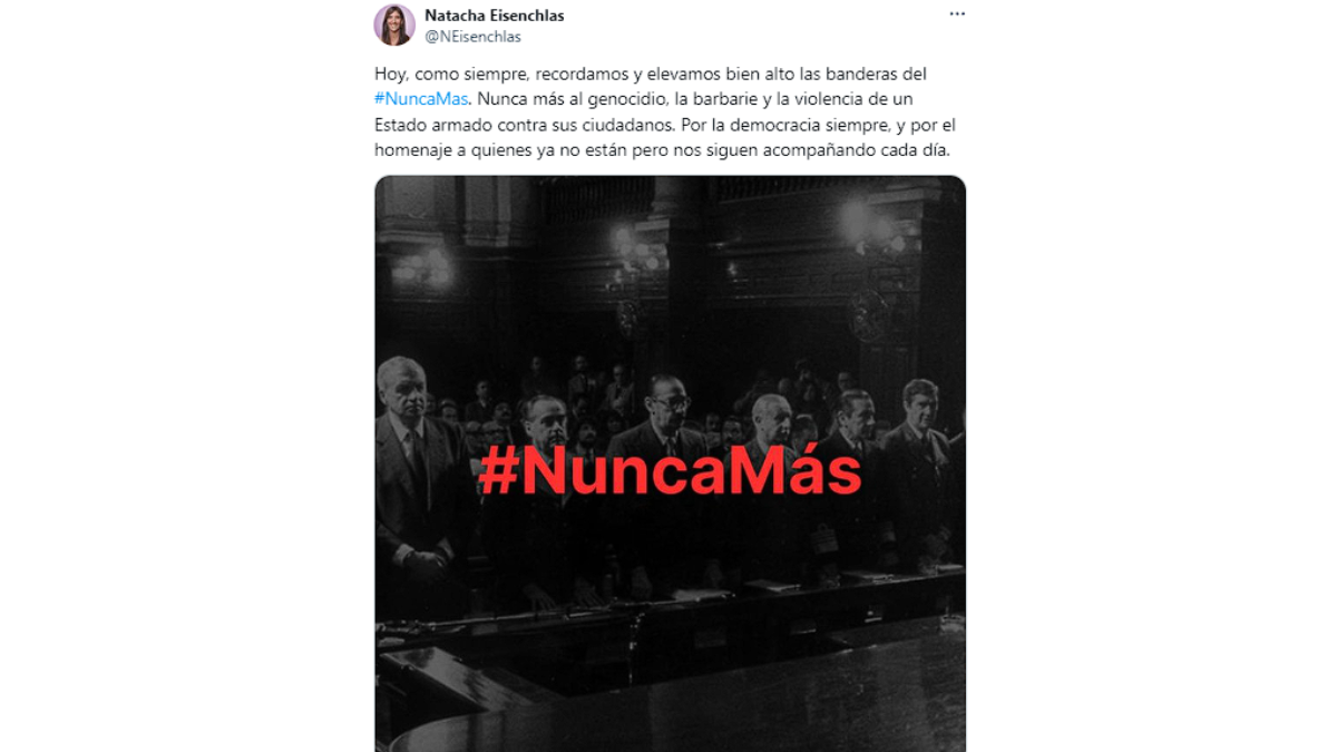 La Senadora Provincial por la UCR, Natacha Eisenchlas, también se expresó y repudió la dictadura militar. La Senadora Provincial por la UCR, Natacha Eisenchlas, también se expresó y repudió la dictadura militar.