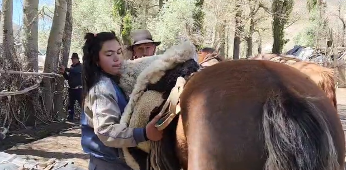 Jorgelina desensilla al llegar al puesto. Jorgelina desensilla al llegar al puesto.