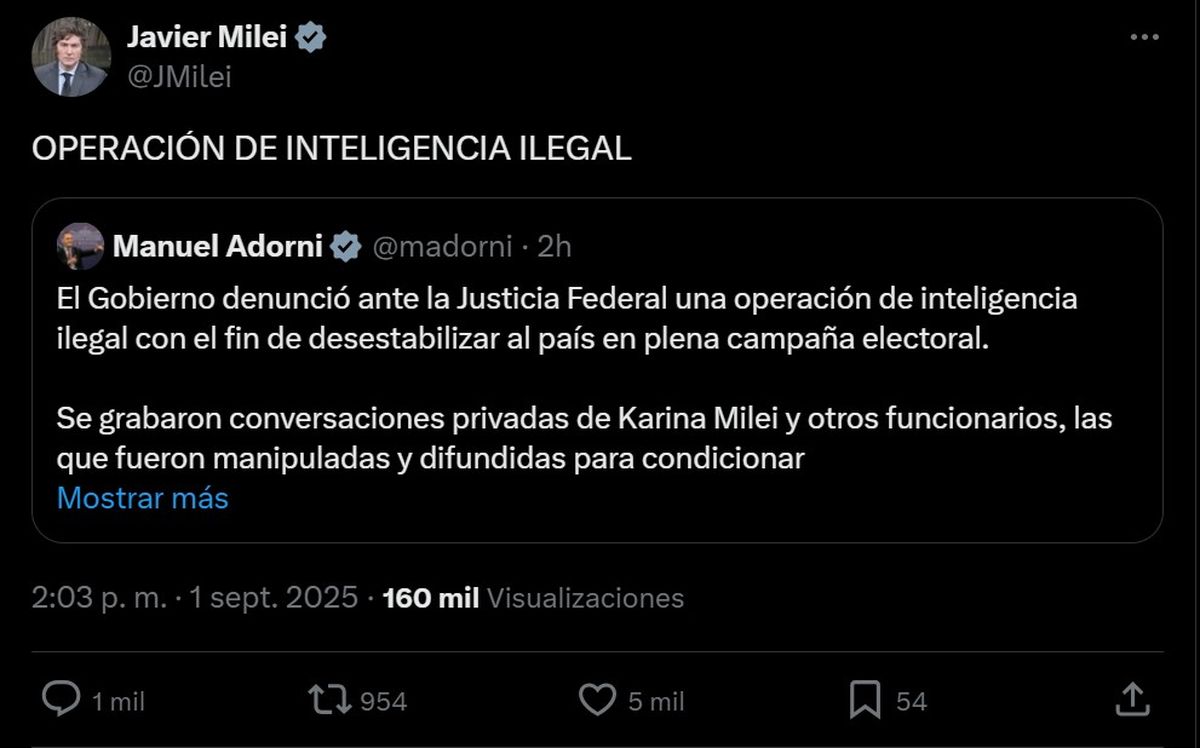 El presidente Javier Milei se acopló a la publicación del vocero Manuel Adorni y denunció una El presidente Javier Milei se acopló a la publicación del vocero Manuel Adorni y denunció una